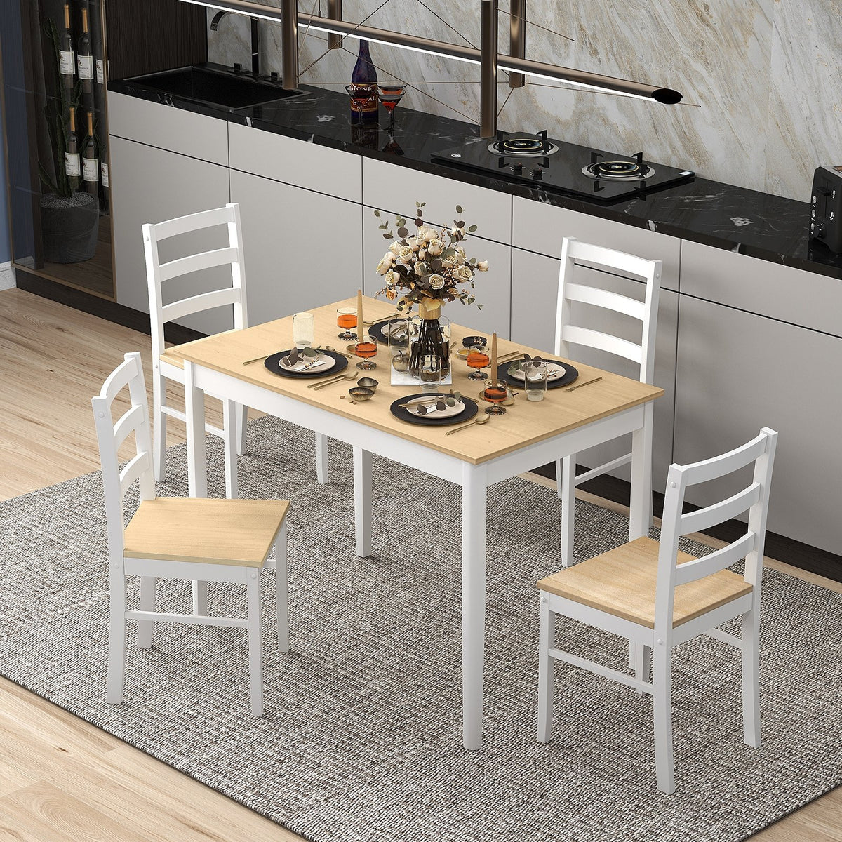 5-Piece Wooden Dining Set with Rectangular Table and 4 Chairs-Natural view 2