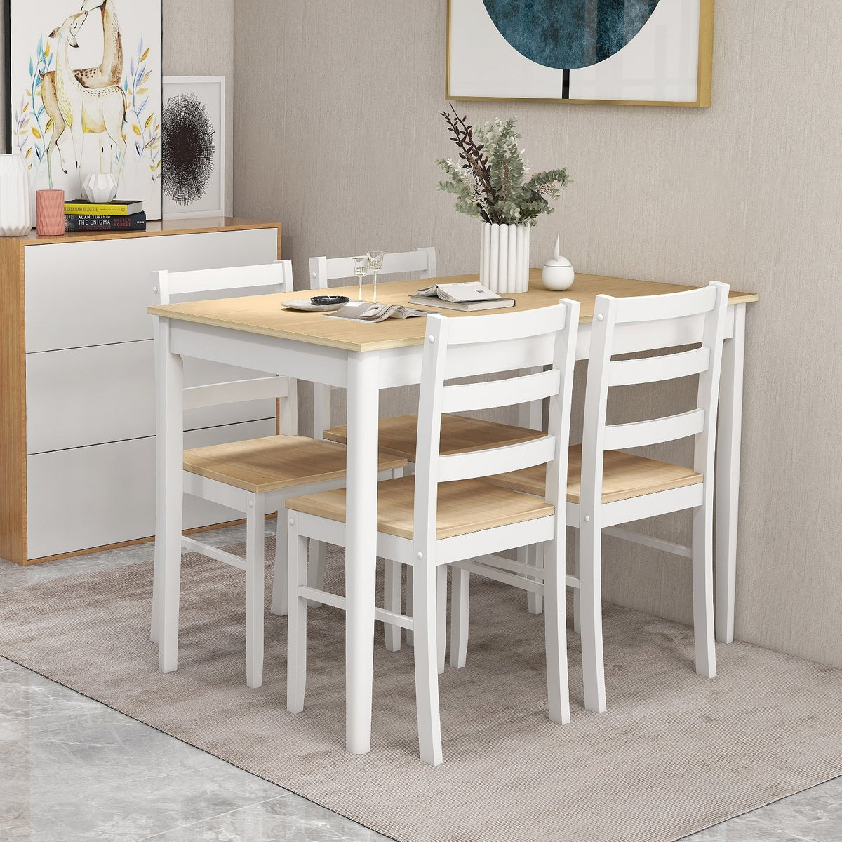 5-Piece Wooden Dining Set with Rectangular Table and 4 Chairs-Natural view 3
