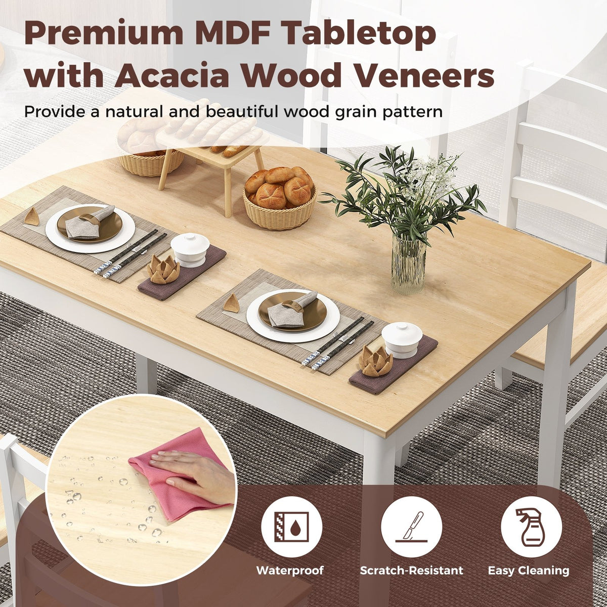 5-Piece Wooden Dining Set with Rectangular Table and 4 Chairs-Natural view 7