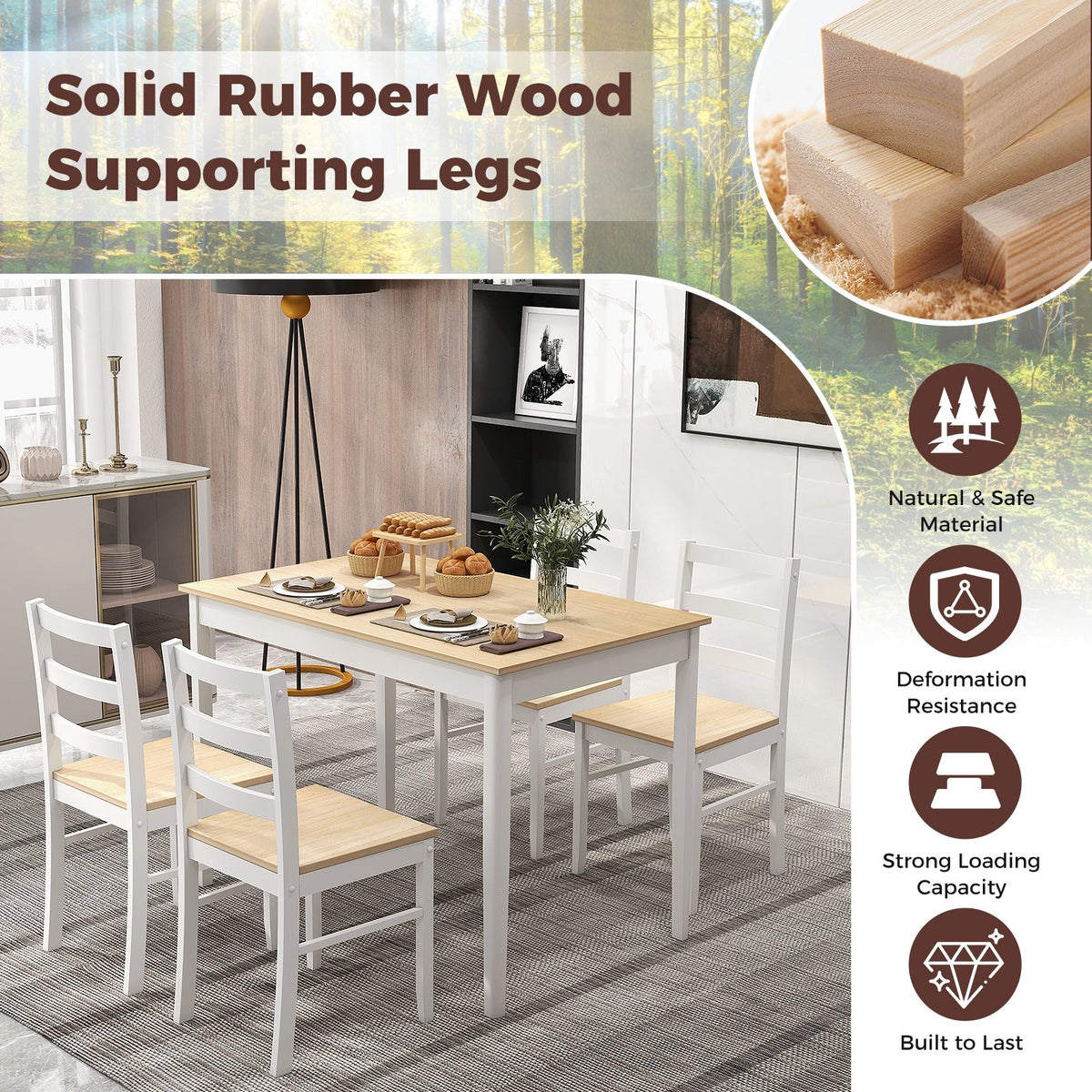 5-Piece Wooden Dining Set with Rectangular Table and 4 Chairs-Natural view 8