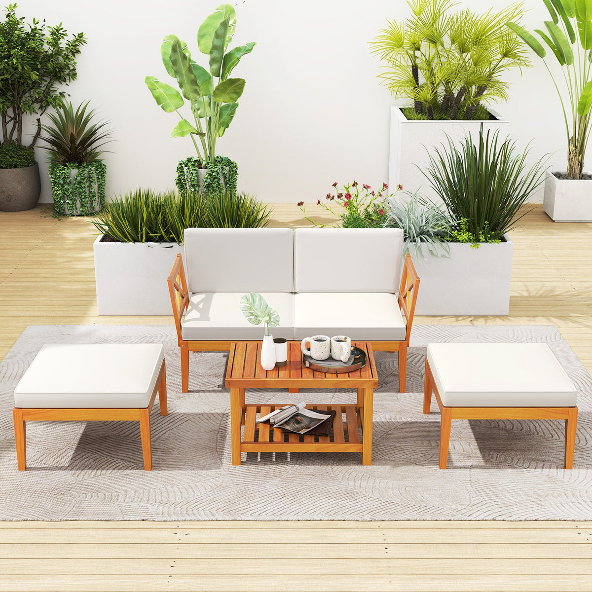 5 Pieces Acacia Wood Patio Chaise Lounge Chair Set with Ottoman and Cushions-White view 2