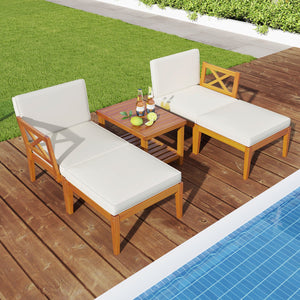 5 Pieces Acacia Wood Patio Chaise Lounge Chair Set with Ottoman and Cushions-White view 3