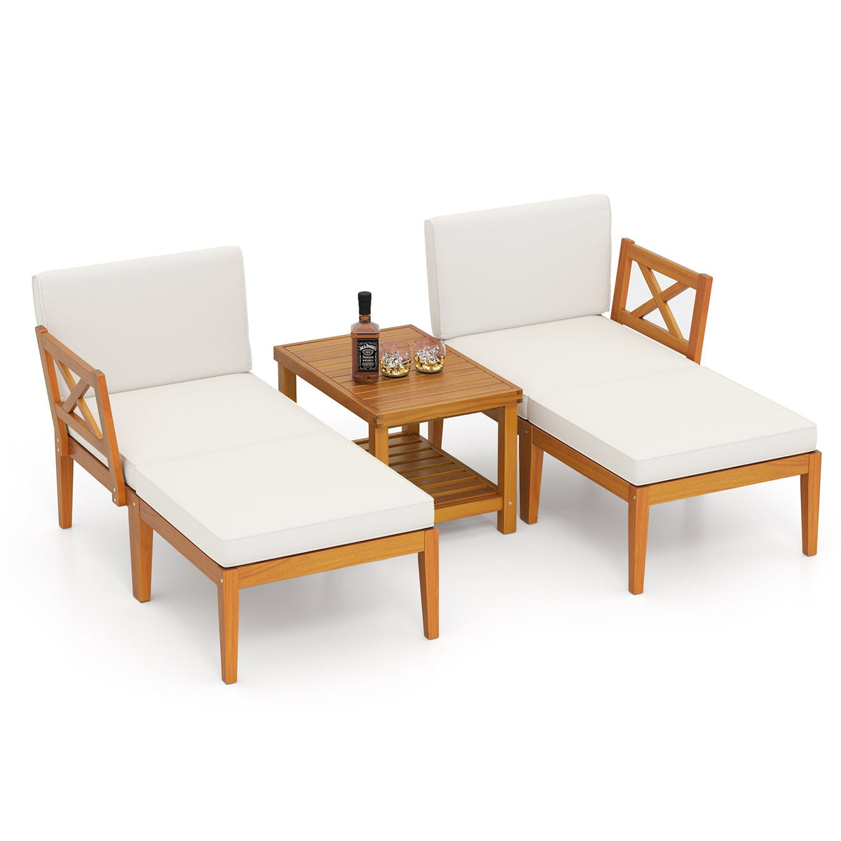 5 Pieces Acacia Wood Patio Chaise Lounge Chair Set with Ottoman and Cushions-White view 4