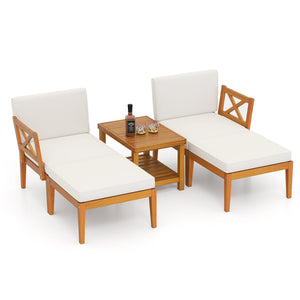 5 Pieces Acacia Wood Patio Chaise Lounge Chair Set with Ottoman and Cushions-White view 4
