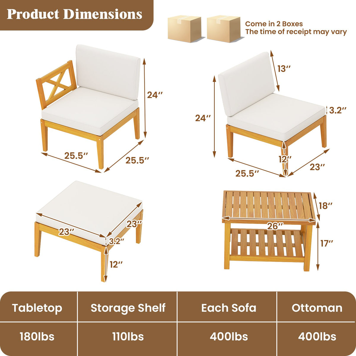 5 Pieces Acacia Wood Patio Chaise Lounge Chair Set with Ottoman and Cushions-White view 5