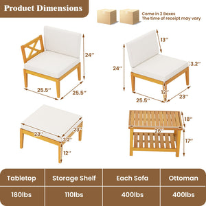 5 Pieces Acacia Wood Patio Chaise Lounge Chair Set with Ottoman and Cushions-White view 5