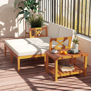5 Pieces Acacia Wood Patio Chaise Lounge Chair Set with Ottoman and Cushions-White view 6