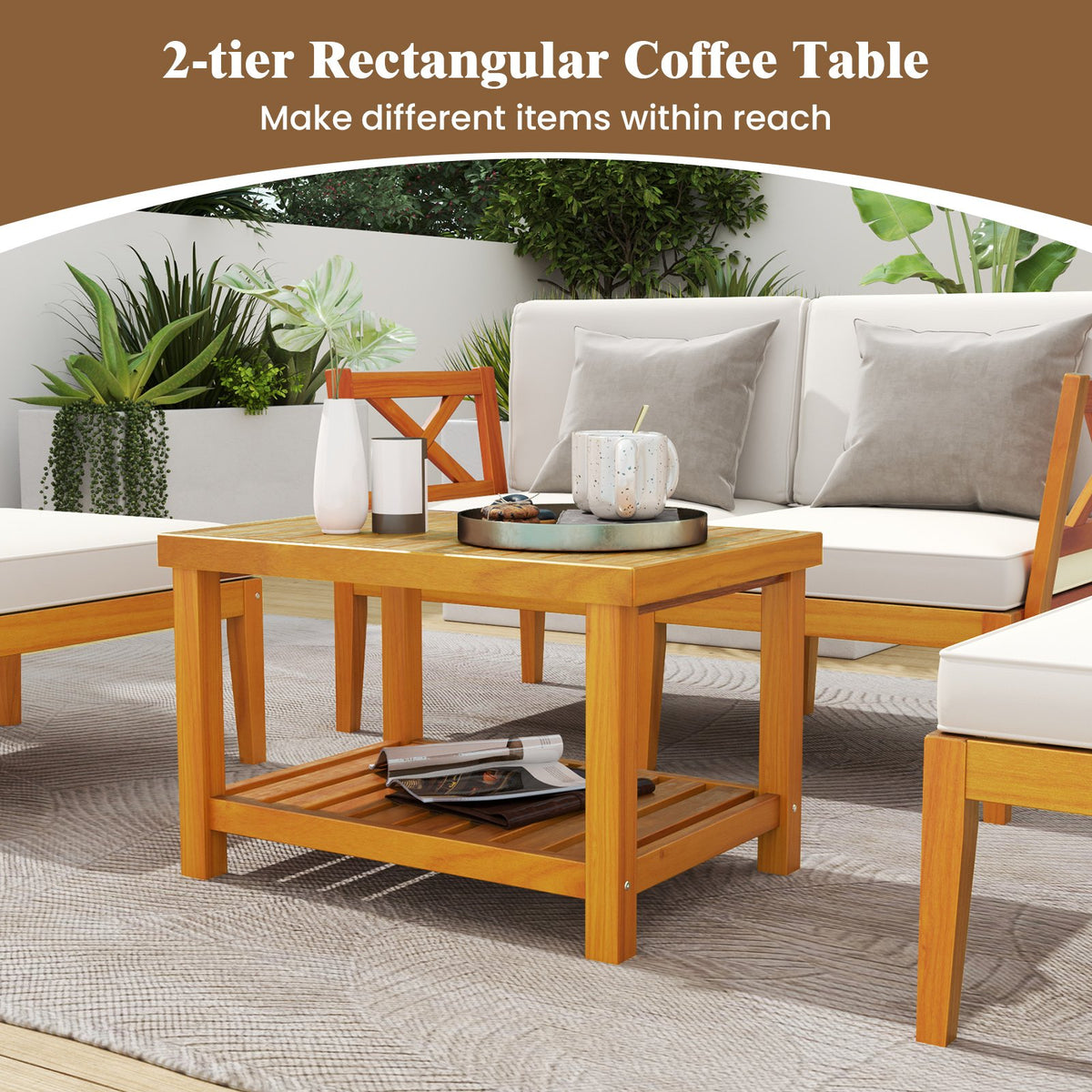 5 Pieces Acacia Wood Patio Chaise Lounge Chair Set with Ottoman and Cushions-White view 8