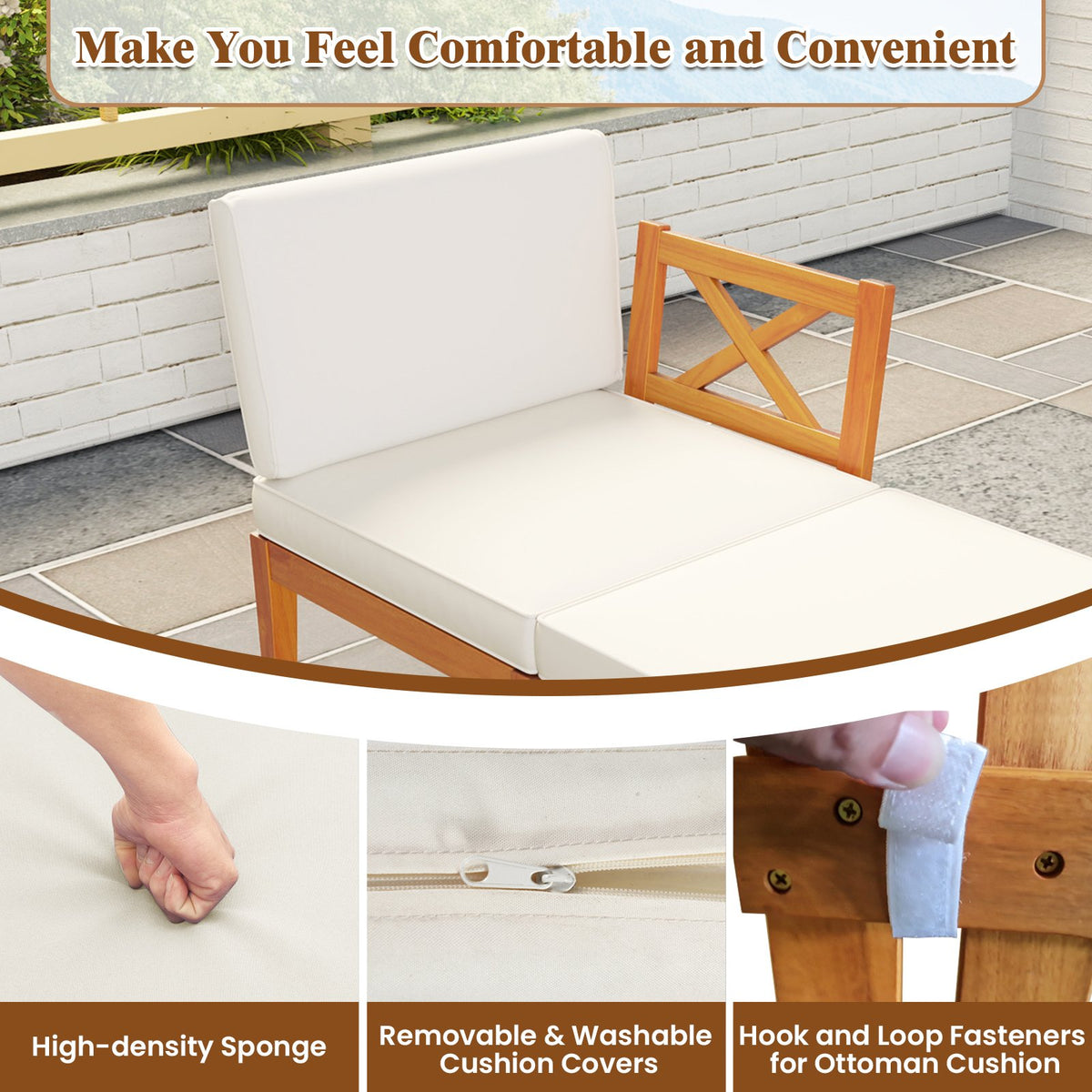 5 Pieces Acacia Wood Patio Chaise Lounge Chair Set with Ottoman and Cushions-White view 9