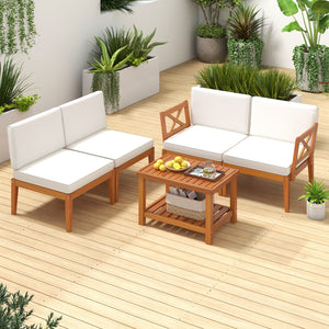 5 Pieces Acacia Wood Patio Furniture Set Outdoor Sectional Conversation Set with Cushions-Off White view 2