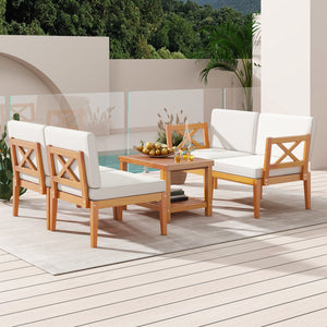 5 Pieces Acacia Wood Patio Furniture Set Outdoor Sectional Conversation Set with Cushions-Off White view 3