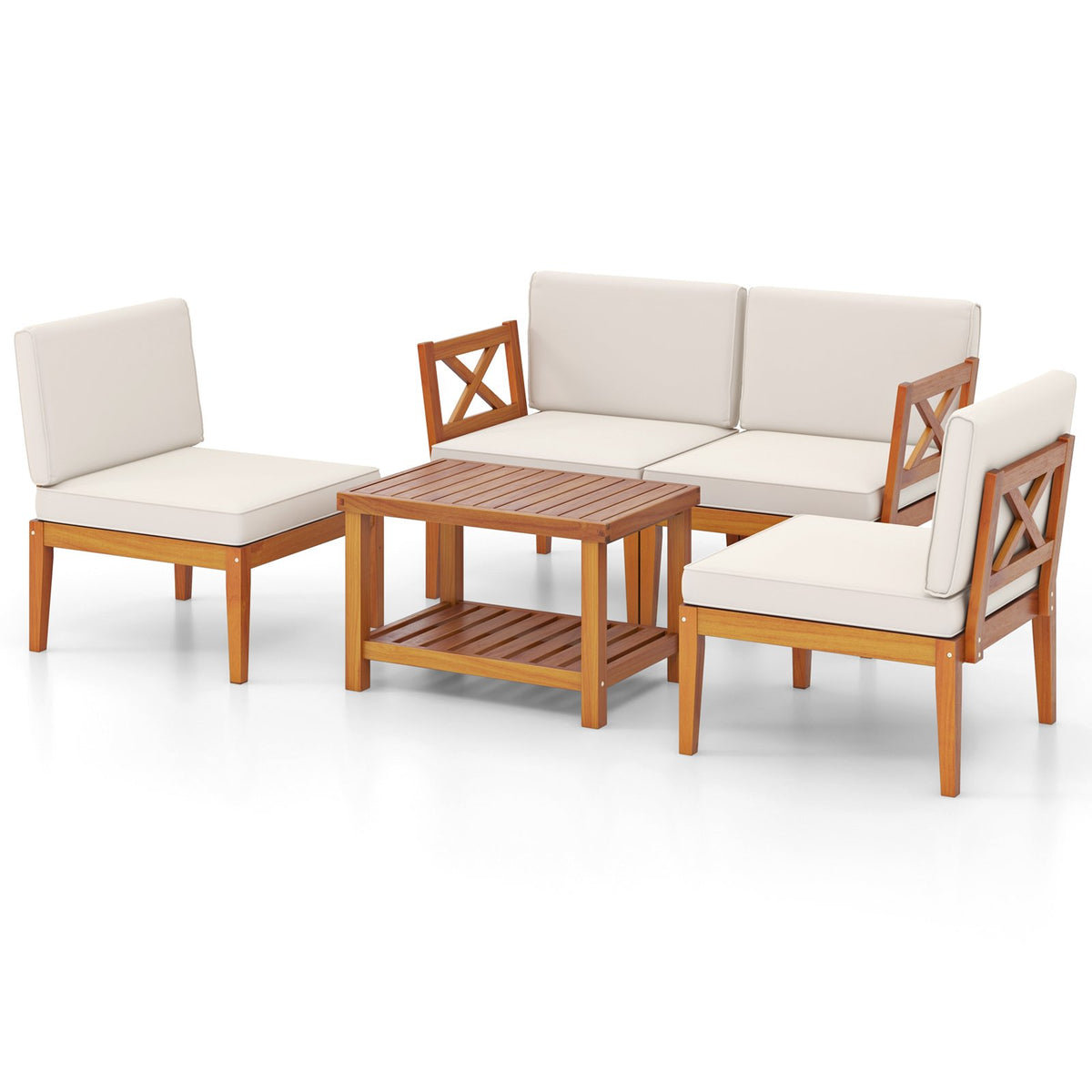 5 Pieces Acacia Wood Patio Furniture Set Outdoor Sectional Conversation Set with Cushions-Off White view 4