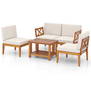 5 Pieces Acacia Wood Patio Furniture Set Outdoor Sectional Conversation Set with Cushions-Off White view 4
