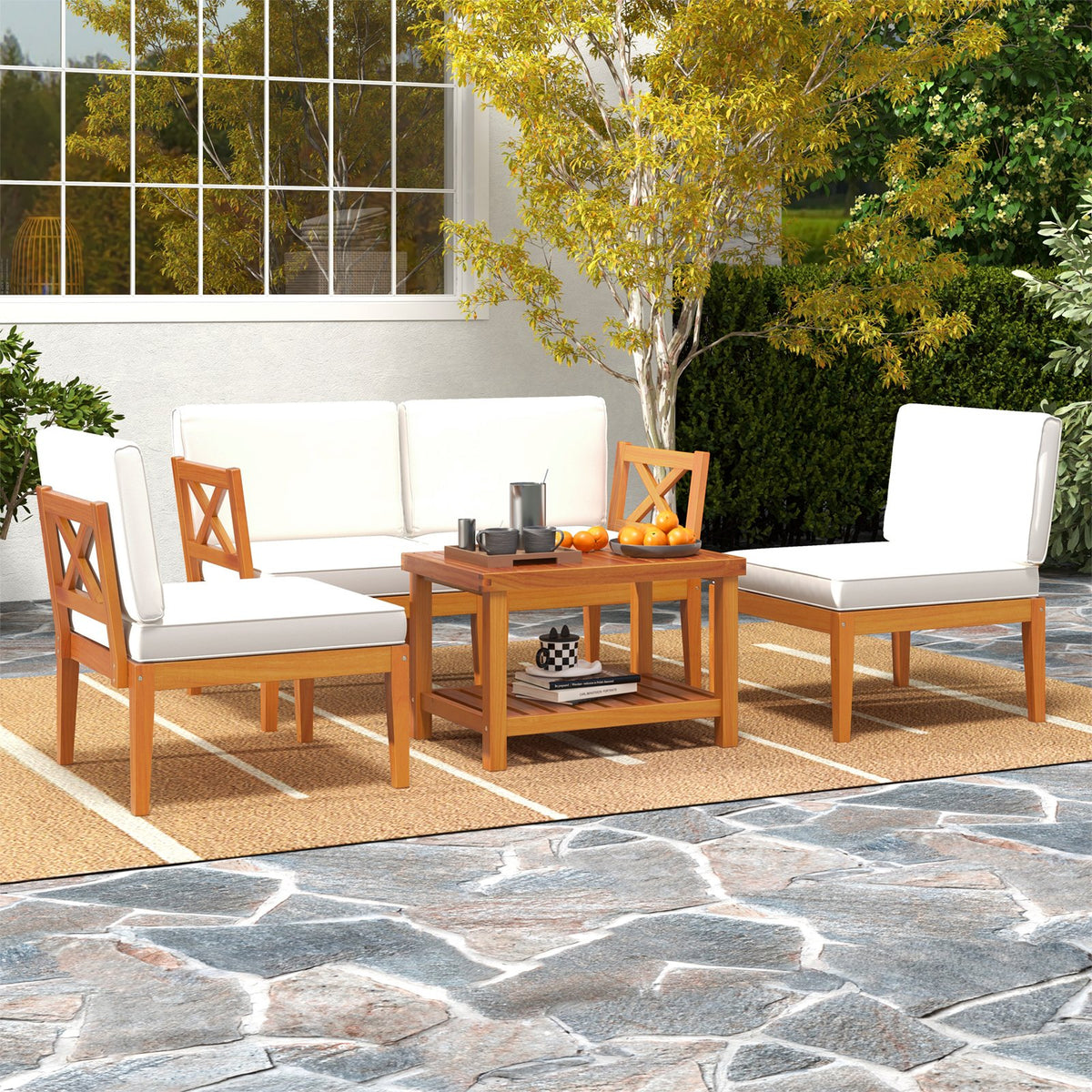 5 Pieces Acacia Wood Patio Furniture Set Outdoor Sectional Conversation Set with Cushions-Off White view 6