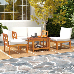 5 Pieces Acacia Wood Patio Furniture Set Outdoor Sectional Conversation Set with Cushions-Off White view 6