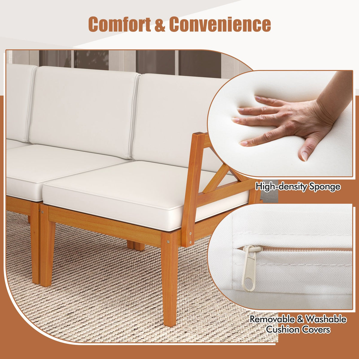 5 Pieces Acacia Wood Patio Furniture Set Outdoor Sectional Conversation Set with Cushions-Off White view 8