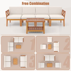 5 Pieces Acacia Wood Patio Furniture Set Outdoor Sectional Conversation Set with Cushions-Off White view 9