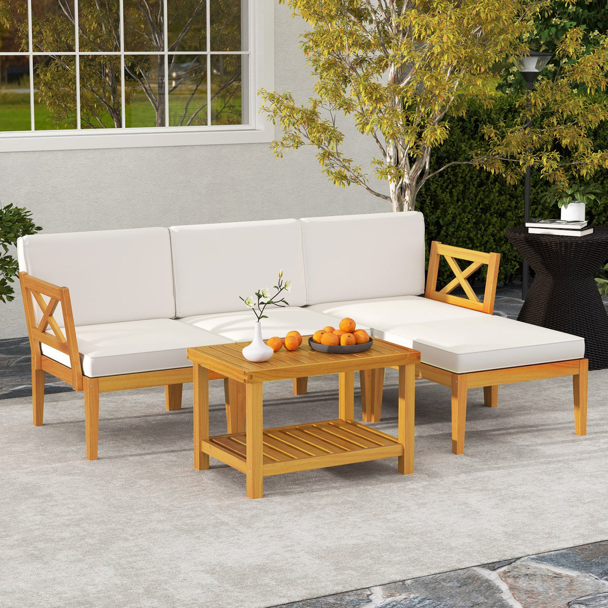 5 Pieces Acacia Wood Patio Furniture Set with 2-Tier Coffee Table and Cushions-White view 2
