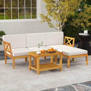 5 Pieces Acacia Wood Patio Furniture Set with 2-Tier Coffee Table and Cushions-White view 2