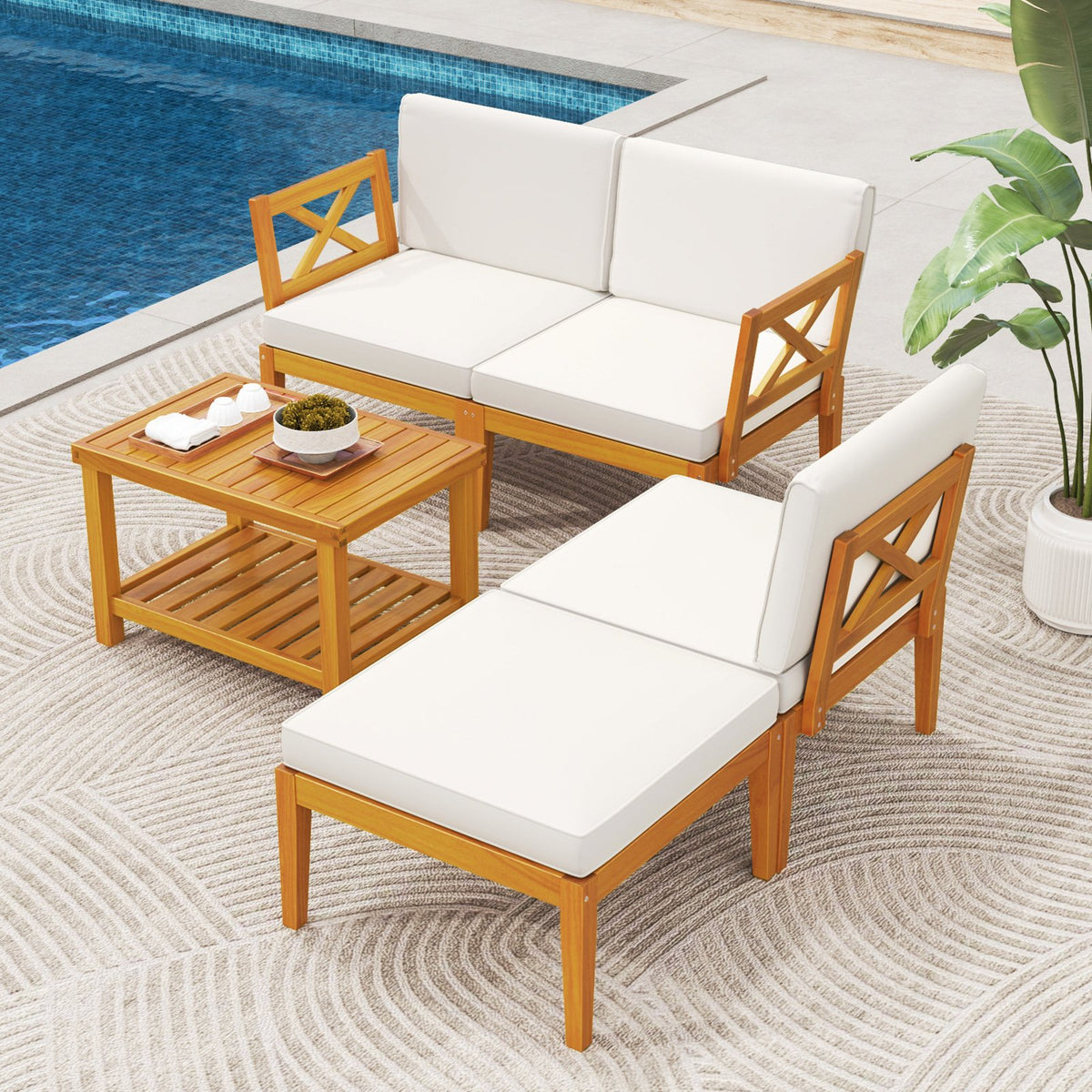 5 Pieces Acacia Wood Patio Furniture Set with 2-Tier Coffee Table and Cushions-White view 3