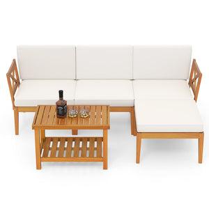 5 Pieces Acacia Wood Patio Furniture Set with 2-Tier Coffee Table and Cushions-White view 4