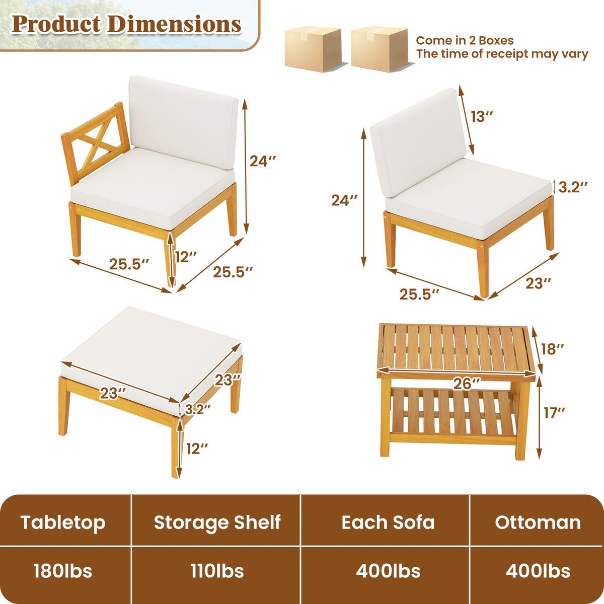 5 Pieces Acacia Wood Patio Furniture Set with 2-Tier Coffee Table and Cushions-White view 5