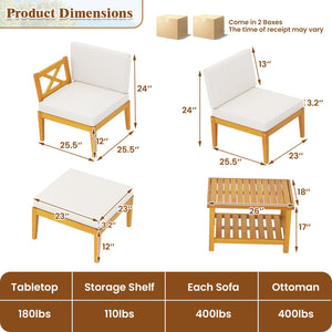 5 Pieces Acacia Wood Patio Furniture Set with 2-Tier Coffee Table and Cushions-White view 5