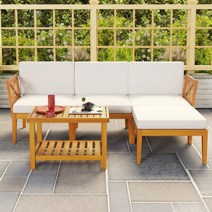 5 Pieces Acacia Wood Patio Furniture Set with 2-Tier Coffee Table and Cushions-White view 6