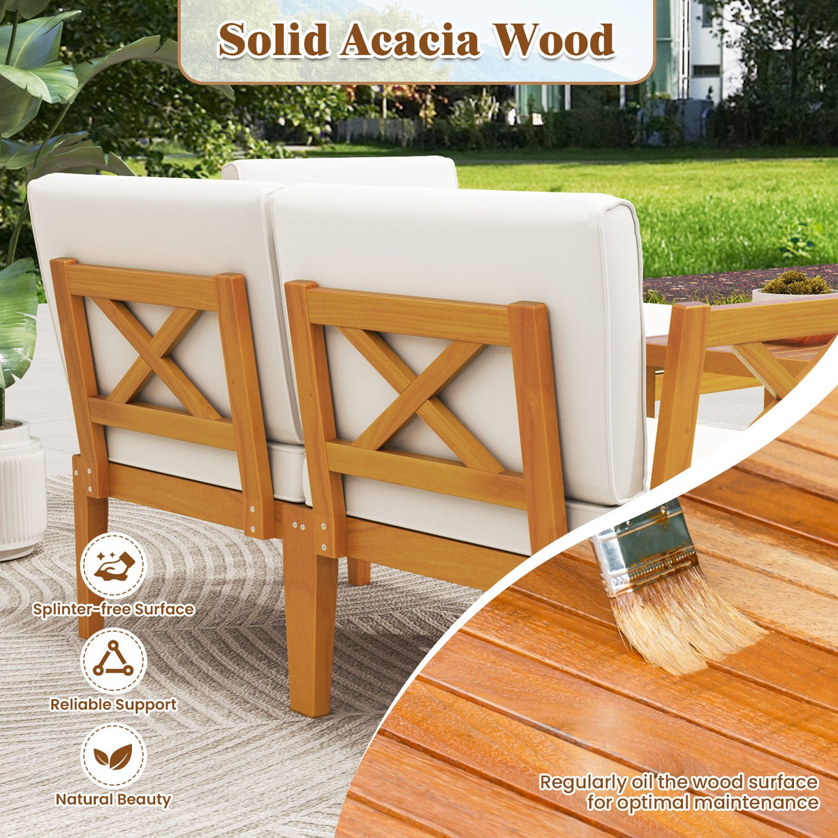 5 Pieces Acacia Wood Patio Furniture Set with 2-Tier Coffee Table and Cushions-White view 7