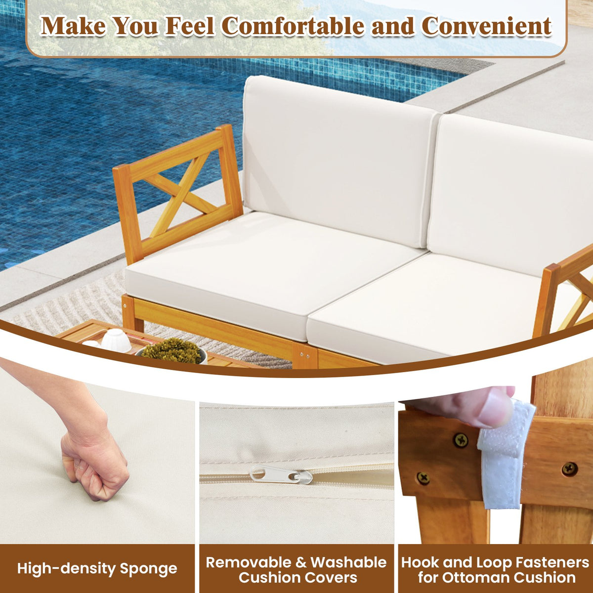 5 Pieces Acacia Wood Patio Furniture Set with 2-Tier Coffee Table and Cushions-White view 8
