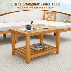 5 Pieces Acacia Wood Patio Furniture Set with 2-Tier Coffee Table and Cushions-White view 9