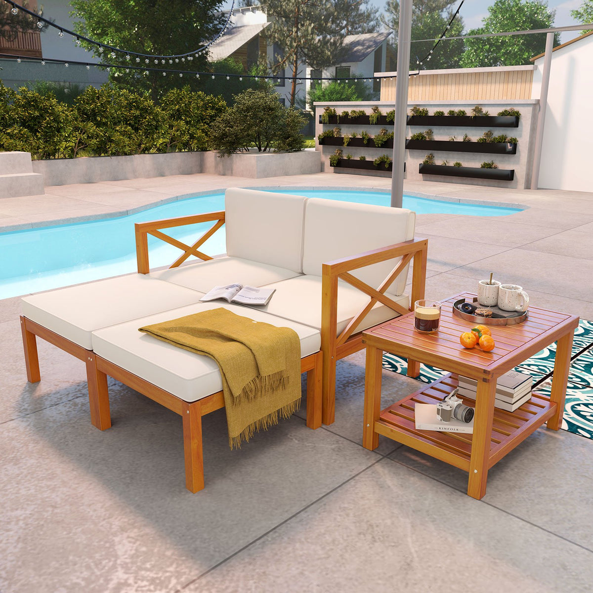 5 Pieces Acacia Wood Patio Lounge Chair Set with Ottomans and Cushions-White view 3