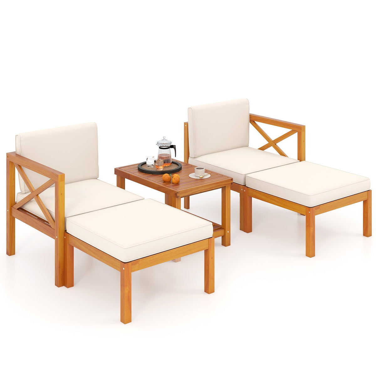 5 Pieces Acacia Wood Patio Lounge Chair Set with Ottomans and Cushions-White view 4