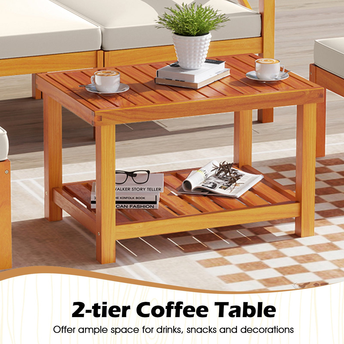5 Pieces Acacia Wood Patio Lounge Chair Set with Ottomans and Cushions-White view 7