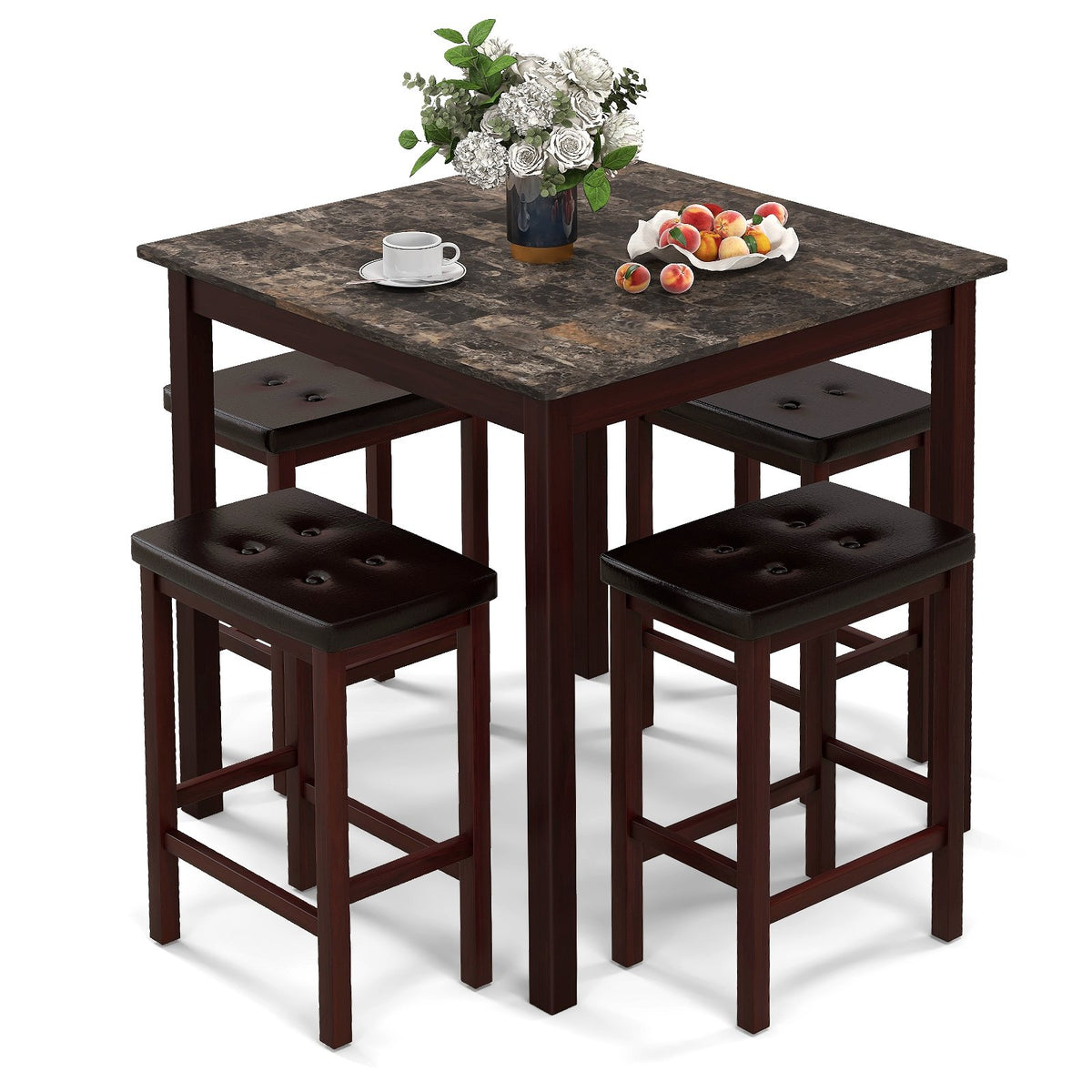 5 Pieces Bar Table Set Counter-Height Dining Table and 4 Bar Stools-Brown view 4
