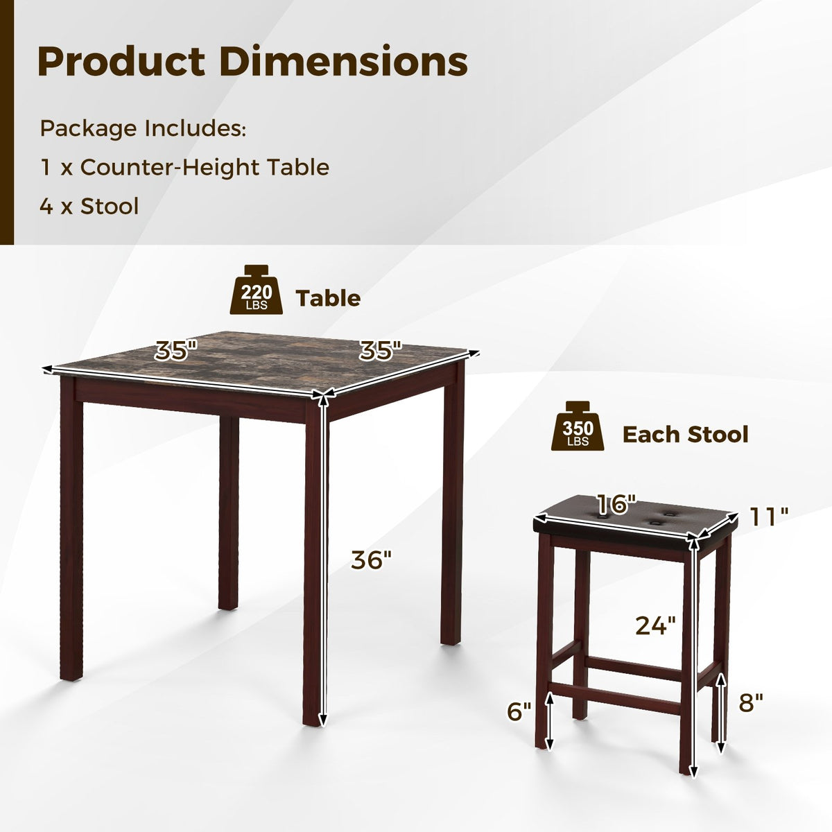 5 Pieces Bar Table Set Counter-Height Dining Table and 4 Bar Stools-Brown view 5