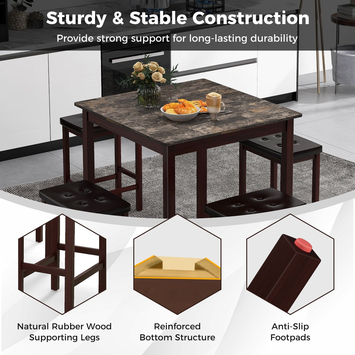 5 Pieces Bar Table Set Counter-Height Dining Table and 4 Bar Stools-Brown view 7