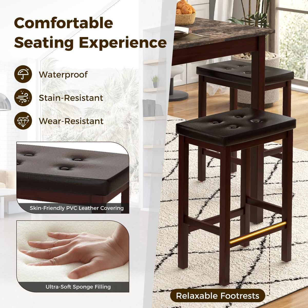 5 Pieces Bar Table Set Counter-Height Dining Table and 4 Bar Stools-Brown view 8