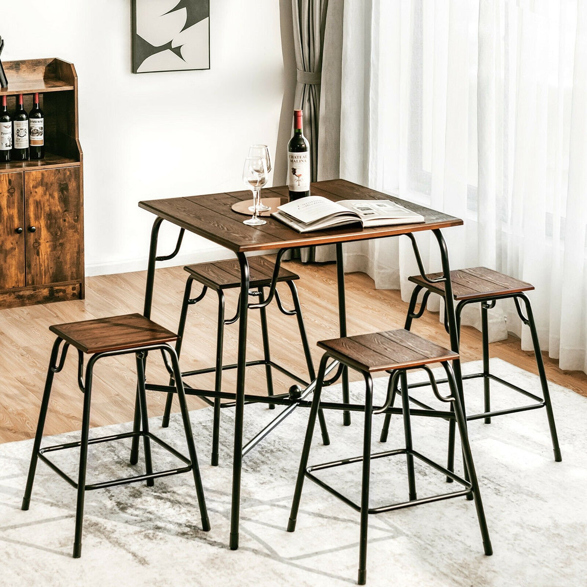 5 Pieces Bar Table Set with 4 Counter Height Backless Stools-Rustic Brown view 2