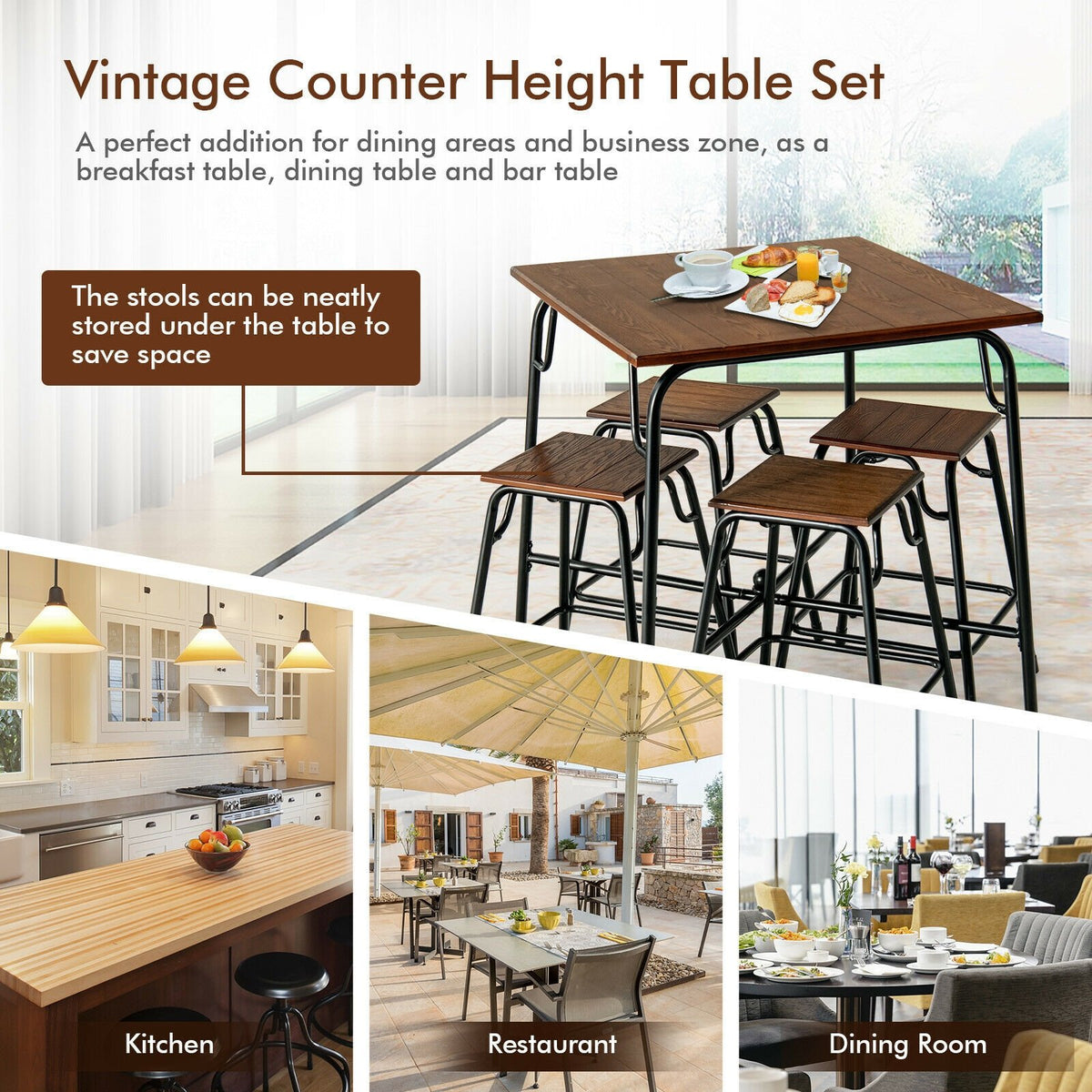 5 Pieces Bar Table Set with 4 Counter Height Backless Stools-Rustic Brown view 3