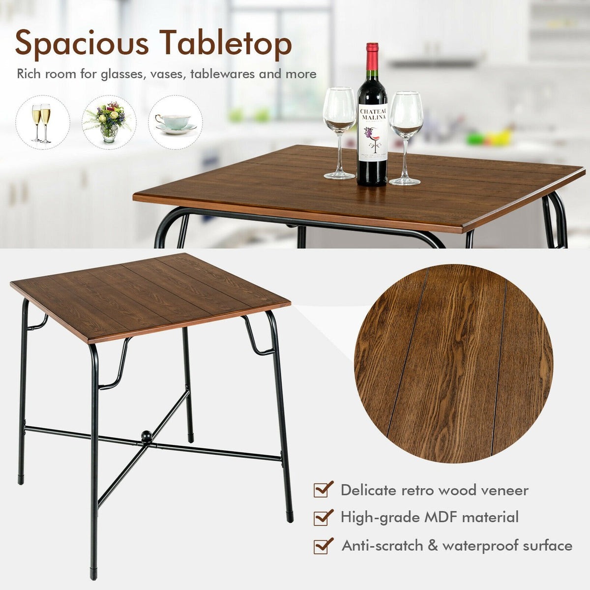 5 Pieces Bar Table Set with 4 Counter Height Backless Stools-Rustic Brown view 6