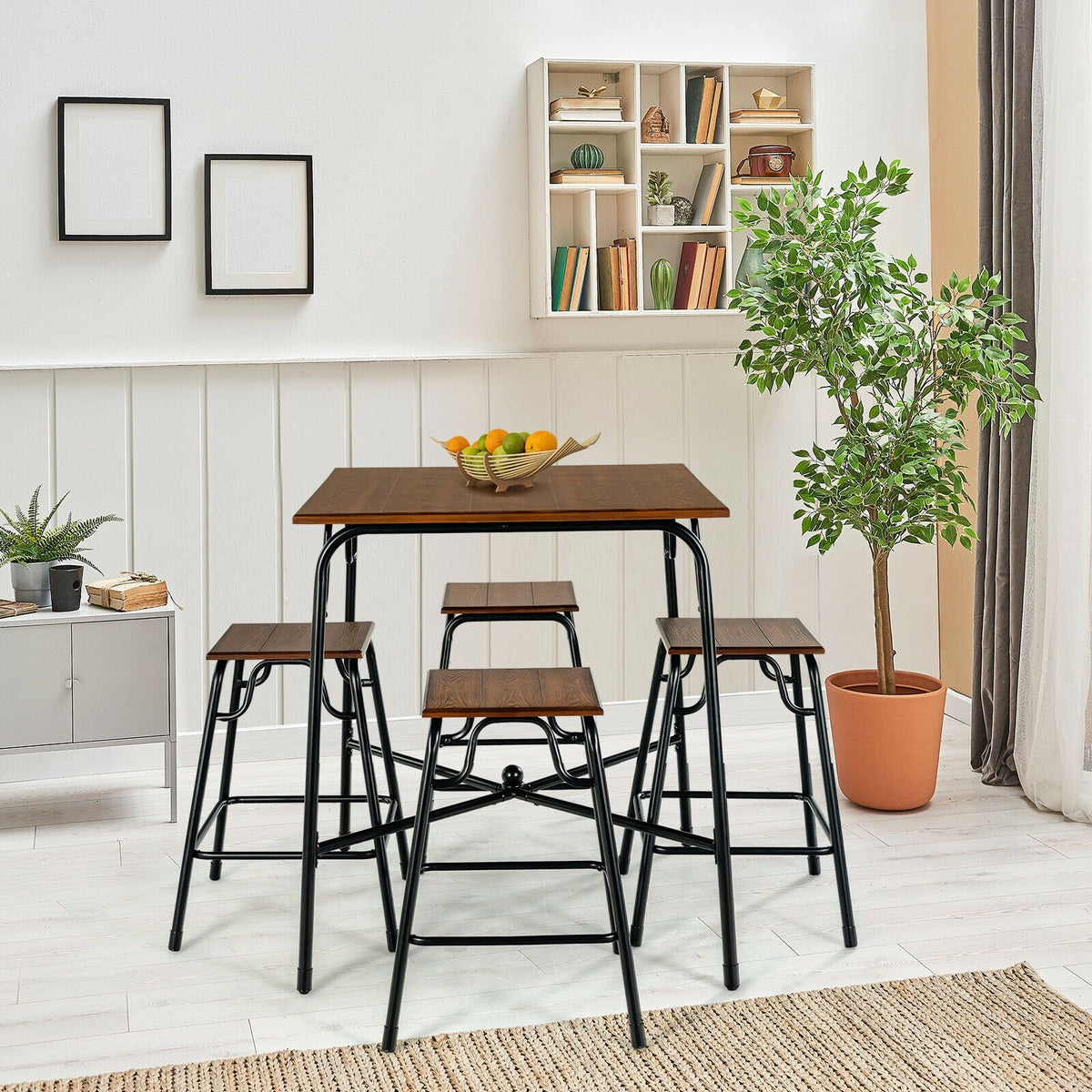 5 Pieces Bar Table Set with 4 Counter Height Backless Stools-Rustic Brown view 8