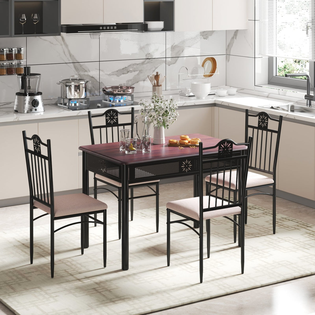 5 Pieces Dining Set Wood Metal Table and 4 Chairs with Cushions view 2