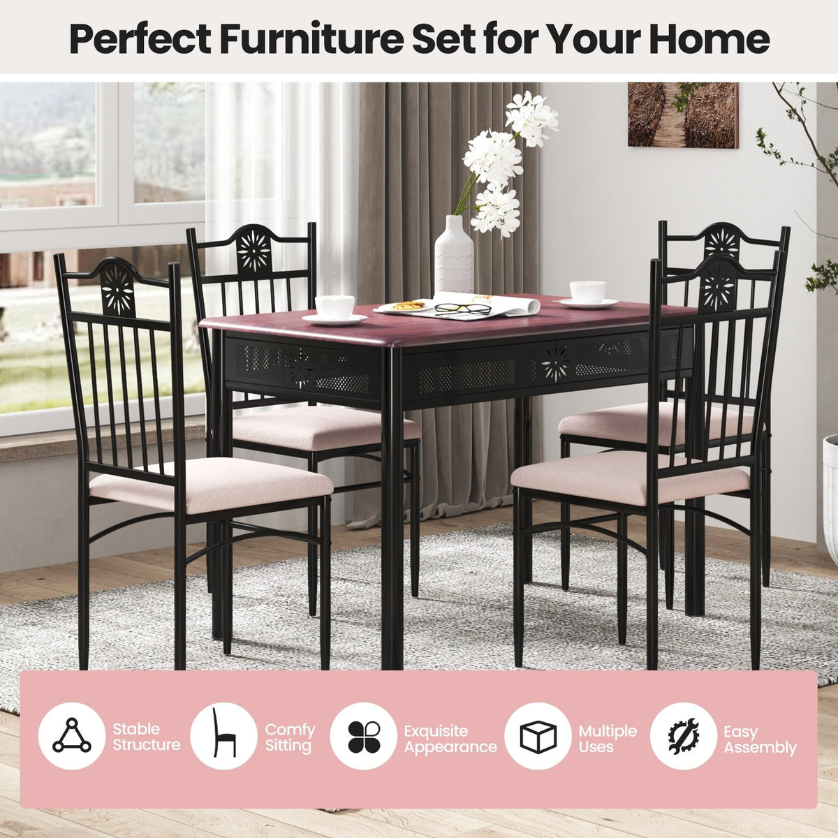 5 Pieces Dining Set Wood Metal Table and 4 Chairs with Cushions view 3