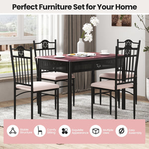 5 Pieces Dining Set Wood Metal Table and 4 Chairs with Cushions view 3