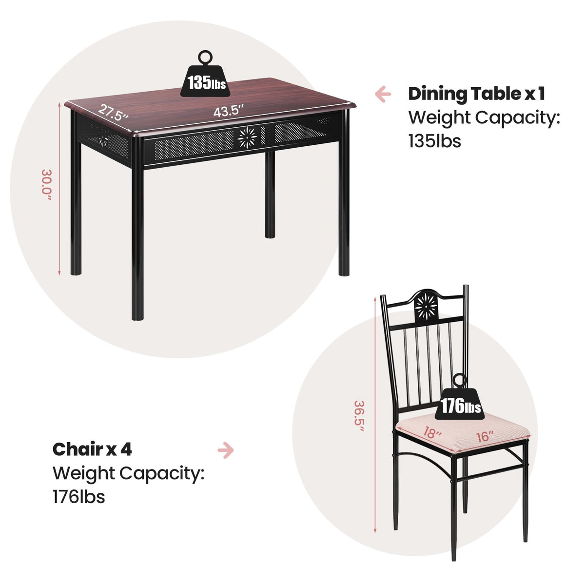 5 Pieces Dining Set Wood Metal Table and 4 Chairs with Cushions view 4