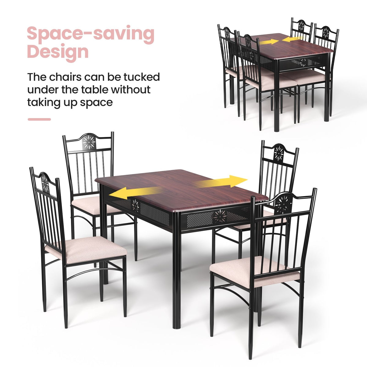 5 Pieces Dining Set Wood Metal Table and 4 Chairs with Cushions view 5