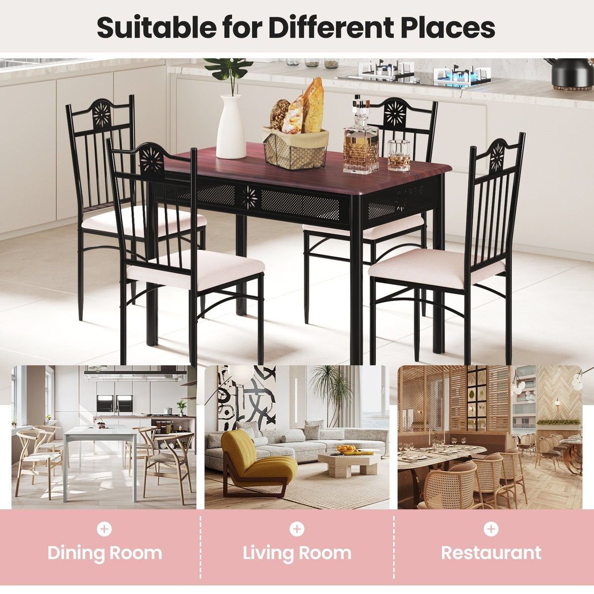 5 Pieces Dining Set Wood Metal Table and 4 Chairs with Cushions view 8