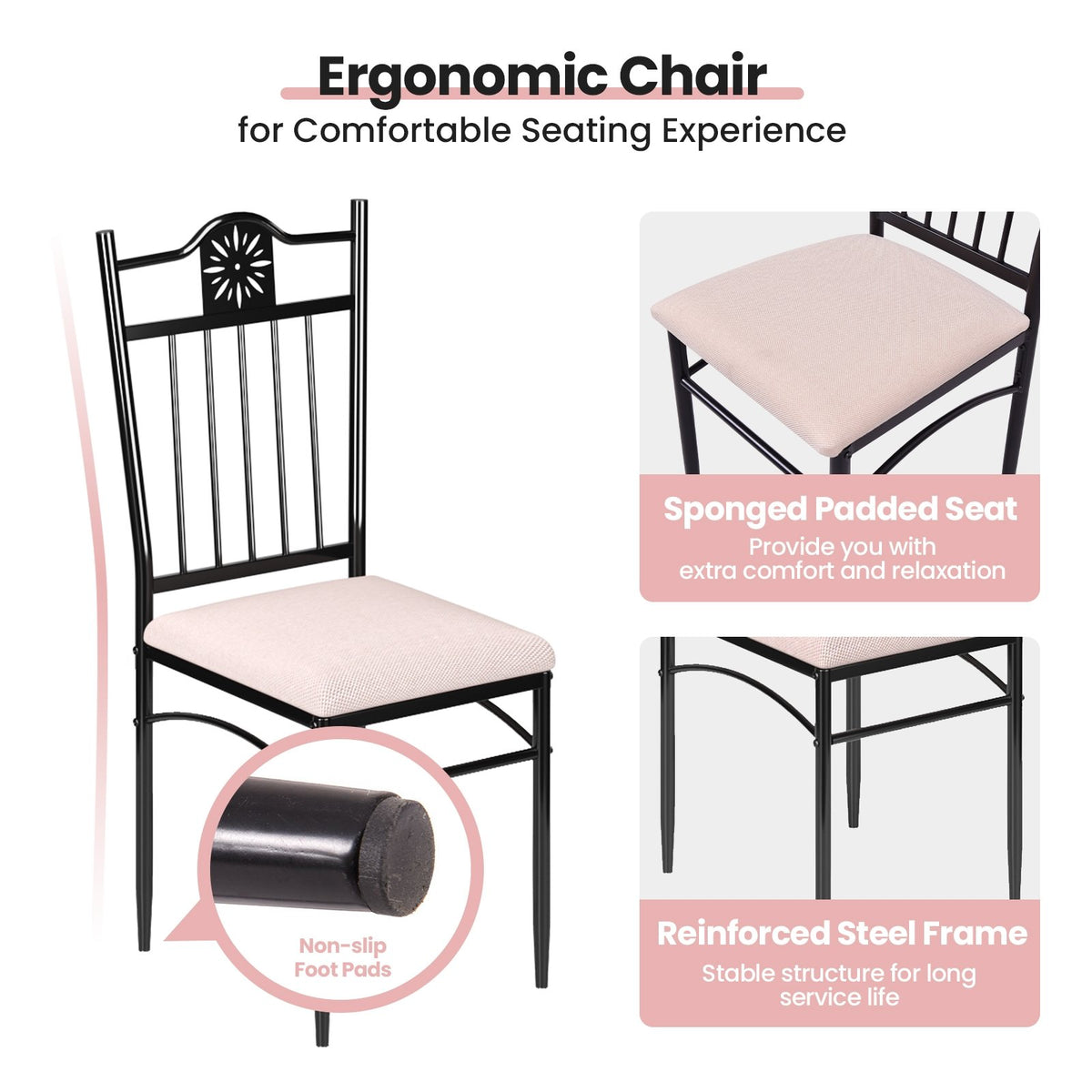 5 Pieces Dining Set Wood Metal Table and 4 Chairs with Cushions view 9