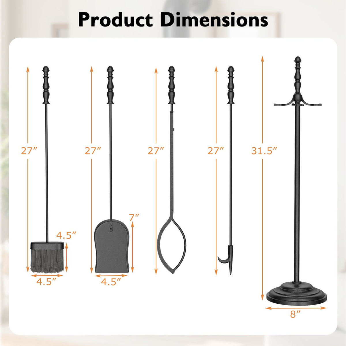 5-Pieces Fireplace Tool Set with Poker Tongs Brush Shovel and Round Stand view 5